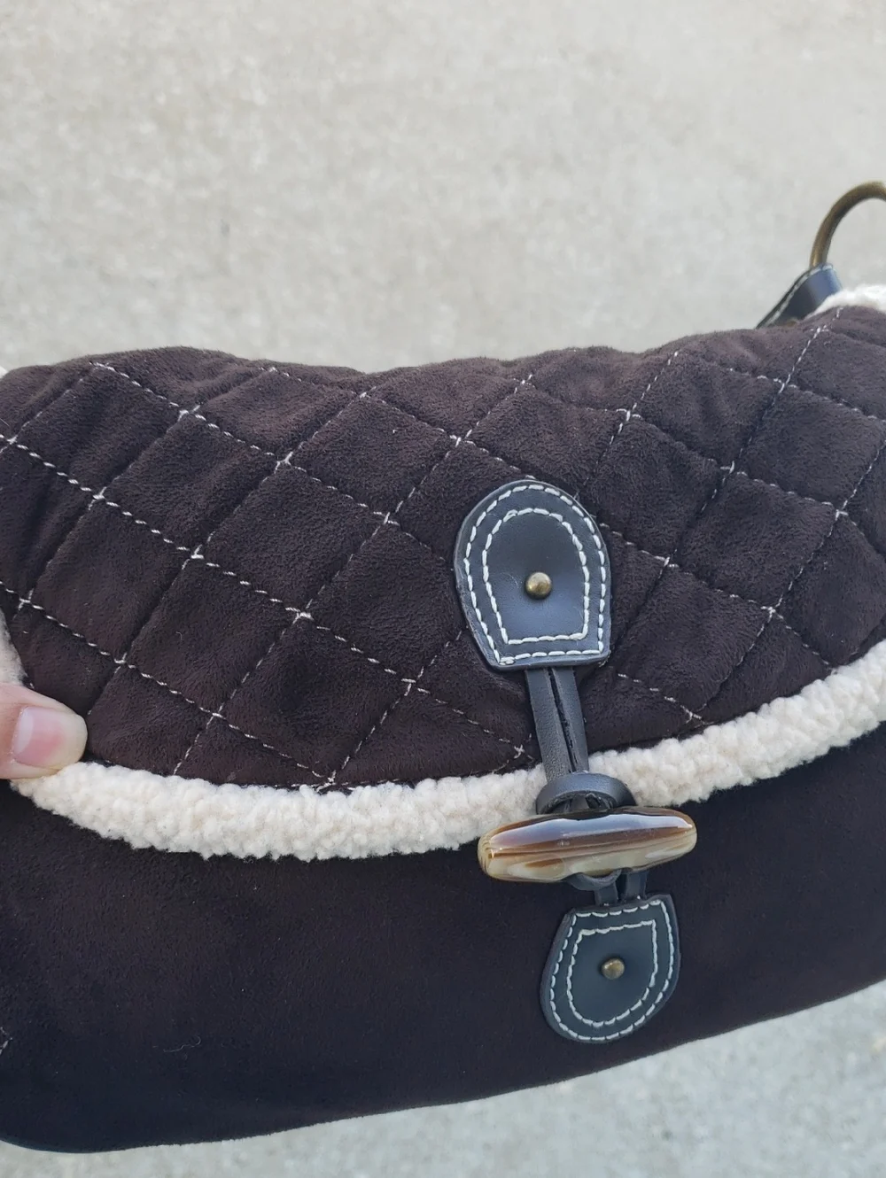 Old Navy Faux Leather Suede Sherpa Quilted Toggle Hobo Bag Y2K Brown Coquette
